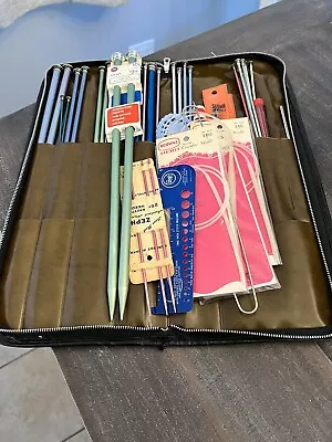 Lot Of Knitting Needles And Vintage Crewel Embroidered Zip-around Carrying Case • $20.99