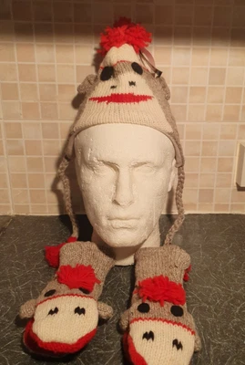 £9 • Buy Handmade 100% Wool Knitted Kids Sock Monkey Hat And Mitten Set - OSFA