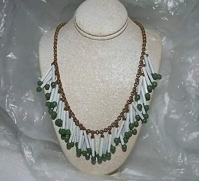 EARLY Miriam Haskell Fringe Necklace Slender Tubular Glass Beads White Green • $145