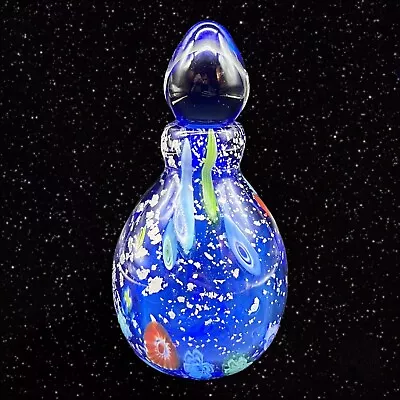 Murano Art Glass Perfume Bottle Cobalt Blue Silver Flecks Large Millefiori Vtg • $115