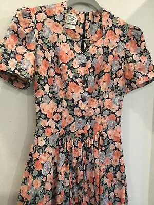 Vintage LAURA ASHLEY Cottage Prairie Dress US 6 Navy Blue Floral Sweetheart Neck • $100