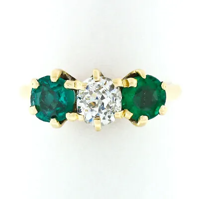 Antique Victorian 14k Gold 0.65ct Old Mine Cut Diamond Green Stone 3 Stone Ring • $1876