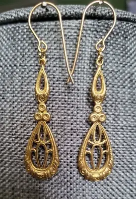 Filigree Brass Gold Art Deco Dangle Earrings - Design A • $10