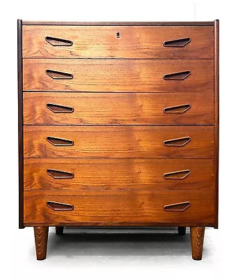 ONE 50s 1960s Retro Vintage DANISH TEAK AFROMOSIA TALL BOY CHEST OF DRAWERS • £795