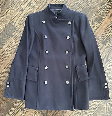 Women's Zara Woman Blue Wool Military Style Double-breasted Jacket Pea Coat - L • $85