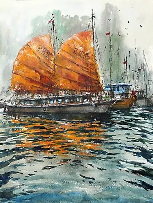 $350 • Buy Landscape Painting Watercolor Original Sail Boats Seascape Vietnam Bay  16x11i