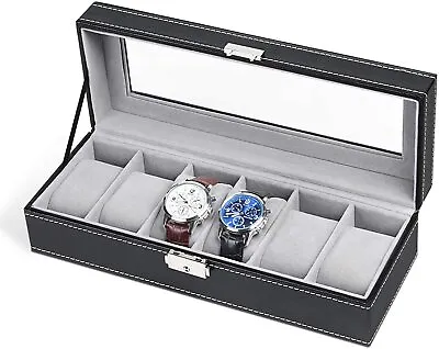 6 Slot Leather Watch Box Display Case Organizer Glass Jewelry Storage Black • $19.98
