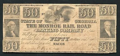 1841 $50 The Monroe Rail Road Banking Company Macon Ga Obsolete Banknote • $299.95