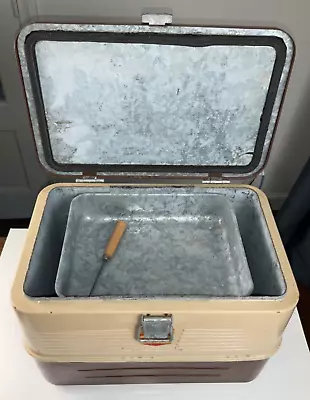 Vintage LITTLE BROWN CHEST Metal Ice Box Cooler 16 In. Includes Tray & Ice Pick • $85