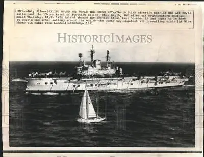 1971 Press Photo Scottish Sailor Chay Blyth Sailing Past The HMS Ark Royal • £19.29