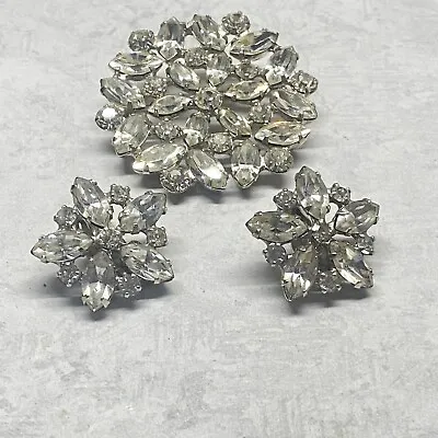Vintage Signed B. David Large Clear Rhinestone Brooch And Clip Earrings Set • $25