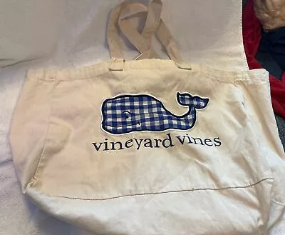 Vineyard Vines Whale Logo Plaid Preppy Large Canvas Tote Bag Navy Blue • $38