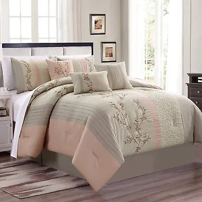 $113.90 • Buy Pink Lt Taupe Floral Embroidery 7 Pc Comforter Set Twin Full Queen Cal King Bed