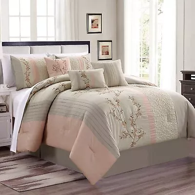 Pink Lt Taupe Floral Embroidery 7 Pc Comforter Set Twin Full Queen Cal King Bed • $143.90