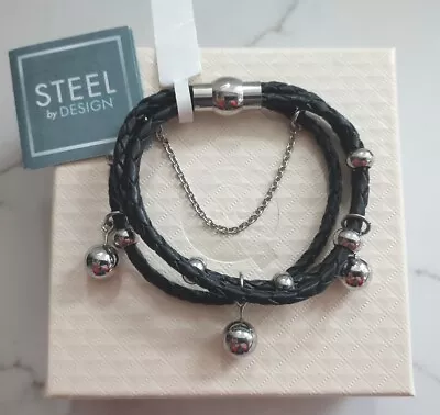 Steel By Design Black Cowhide Leather Triple Strap Bracelet Magnetic Clasp QVC • $29.95