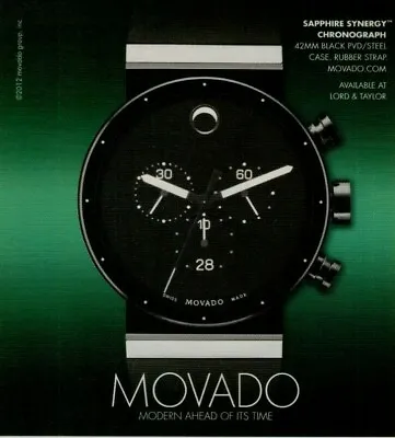 2012 Movado Sapphire Synergy Chronograph Black Steel Watch Vintage Print Ad • $10.99