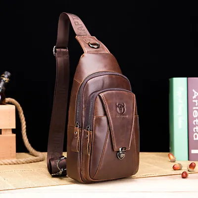 Genuine Leather Crossbody Mens Chest Bag Shoulder Bag Sling Bag Travel Daypack L • $29.49