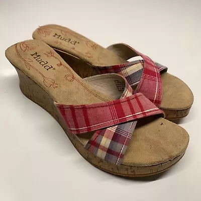 Mudd Appel Women Size 9.5M Red Fabric Platform Cork Wedge Slip On Sandals • $28.08