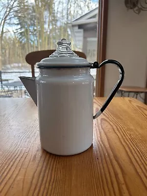 Vintage White Enamel Coffee Pot. 7 1/2  X 5   With Glass Top  • $9.99