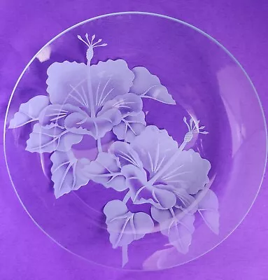 Vintage Frank Oda Arts Hawaii 10  Etched Round Glass Plate Hibiscus Flower • $54.95