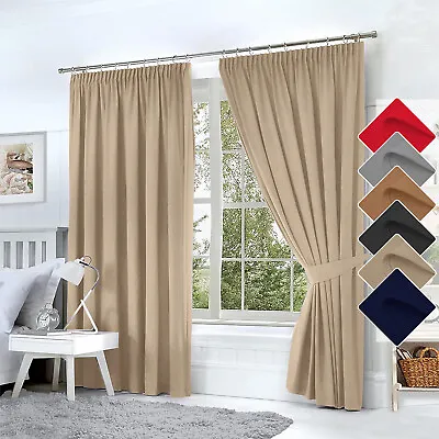 Pencil Pleat Thermal Thick Blackout Curtains Pair Of Ready Made Curtain Panel UK • £22.49