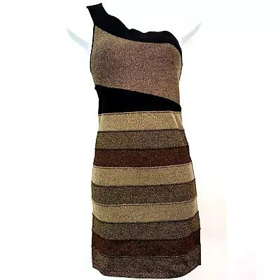 NWT Bebe Addiction Dress Mini 1 Shoulder Lurex Stripe Bodycon Metallic S Bandage • $49.99