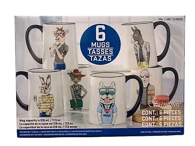 Signature Housewares Hipster Animal Mug Set 6Pc 17.5oz Stoneware Dishwasher Safe • $12