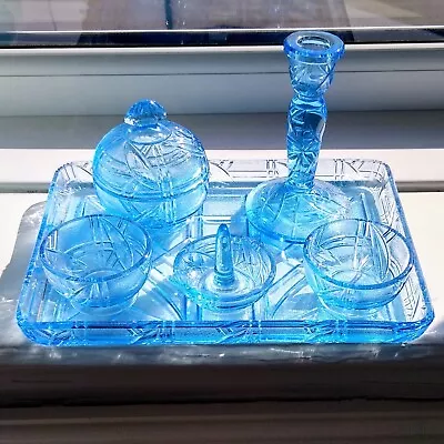 Vintage Blue Glass Dressing Table Vanity Set Excellent Condition • $36.93