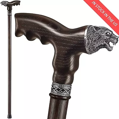 Fancy Wooden Walking Canes Stick For Men - Wolf Head - Fashionable Oak Wood Cane • $98.50