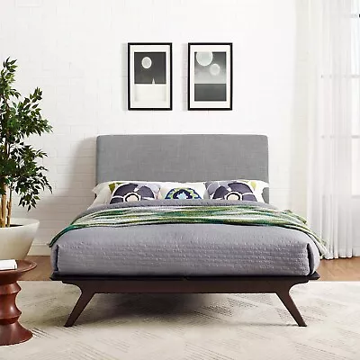 Modway Mid-Century Modern Fabric Queen Wood Platform Bed In Cappuccino Gray • $809.96