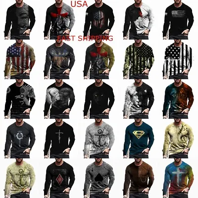 T Shirt Men's Fashion Long Sleeve USA Flag Cross Graphic Casual Silky Streetwear • $21.86