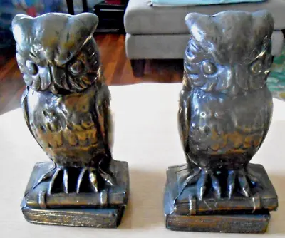 Vintage Pair Set Two 7 1/2  Owl On Books Metal Brass Gold Tone Bookends Unmarked • $27.50