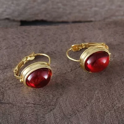 ❤️Earrings 9ct Rolled Gold Bezel Set Cabouchon Ruby Hoops 20 Mm Gift❤️ • £11.79