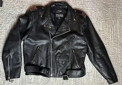 Wilsons Leather Biker Jacket Black Vintage Enamel Pin Button Distressed Men’s XL • $199.99