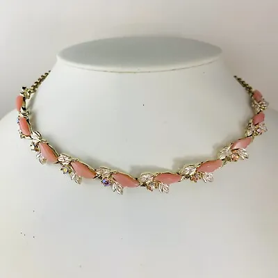 Vintage 50s PINK THERMOSET Lucite Aurora Borealis Rhinestone Enameled Necklace • $27.99