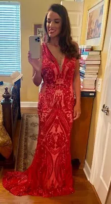 NWOT Women's V-Neck Sequins Red 6 S Mermaid Prom Evening Party Dress Gown • $94