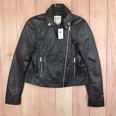 Abercrombie & Fitch Womens Vegan Leather Biker Jacket Sz L Perforated Moto A&F • $64.94