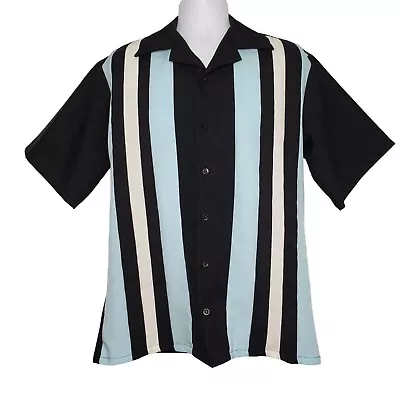VTG Tutti USA Rockabilly Bowling Shirt Striped Colorblock Black Blue Size S • $26.05