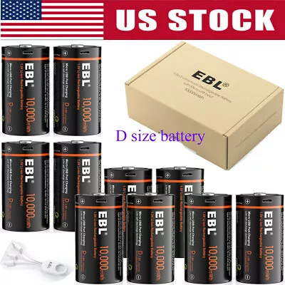 EBL USB Rechargeable D Size Li-ion Batteries 10000mWh 1.5V W/ 2in1 USB Cable Lot • $189.99