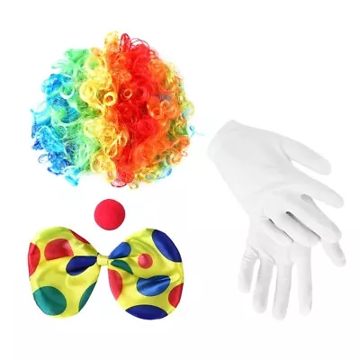 Rainbow Wig Red Nose Bow Tie White Gloves Clown Costume Christmas Fancy Dress✔ • £3.31