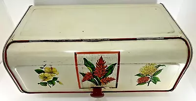 Vintage DecoWare Metal Tin Bread Box Flowers Floral Red Yellow Hinged Lid RETRO • $32.93