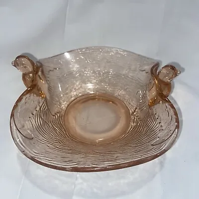 Vintage 1940s Fenton Pink Bird’s Nest Depression Glass Bowl Flying Bird Handles • $24