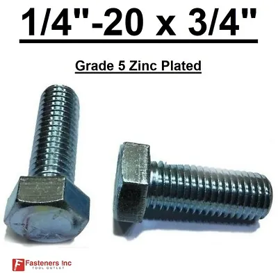 1/4-20 X 3/4  (FT) Hex Bolt Zinc Plated Grade 5 Cap Screw Coarse Thread • $19.62