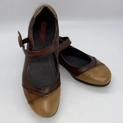 PIKOLINOS Women’s Mary Jane Slip On Shoes Brown/Tan Color Block Leather Size 8.5 • $22.97