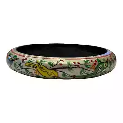 Vintage Chinese Lacquer Hand Painted Birds Wooden Bangle Bracelet Silver Red • $18.99