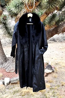 Greg Bell Vintage Long Leather Trench Coat With Real Fox Fur Collar Size Lg • $195