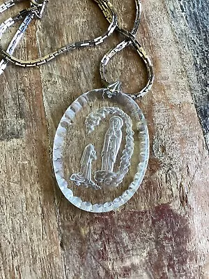 Vintage Religious Necklace Glass Intaglio Cameo MARY ~ NS Nickel Silver Chain • $0.99