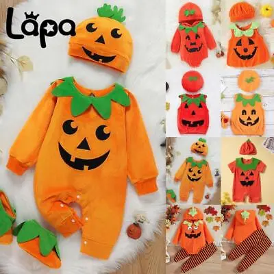 Halloween Pumpkin Kids Baby Hooded Romper Bodysuit Hat Costume Fancy Outfits Set • £8.29