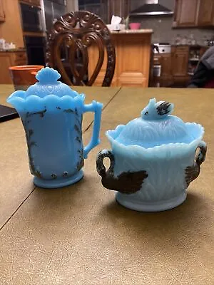 Vintage Turquoise Blue Milk Glass Decorative Creamer And Sugar Containers READ • $60