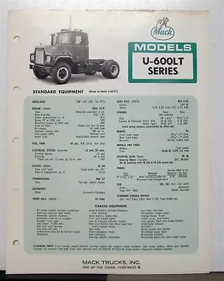 1972 Mack Truck Model U 600LT Specification Sheet • $12.17